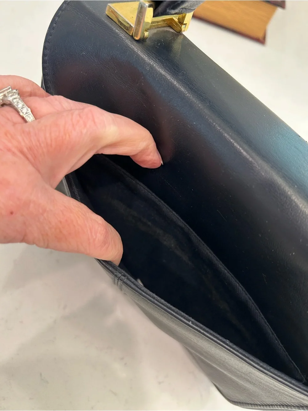 Vintage Structured Navy Leather Bag with Top Handle